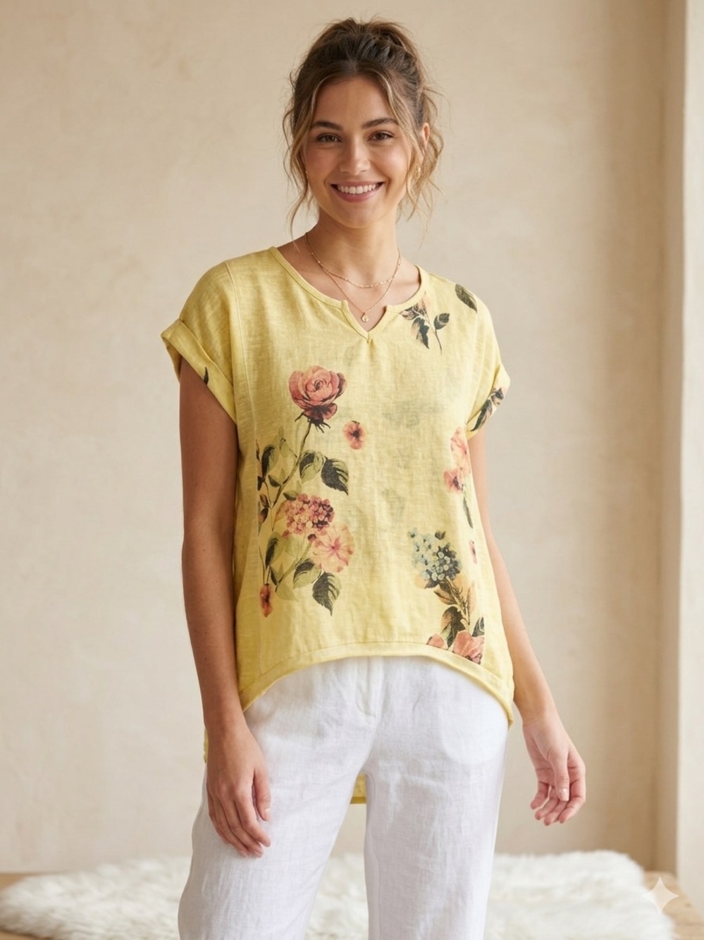 KAKTUS Made In Italy 100% Linen Floral High-Low Blouse Top Yellow Small Cottage